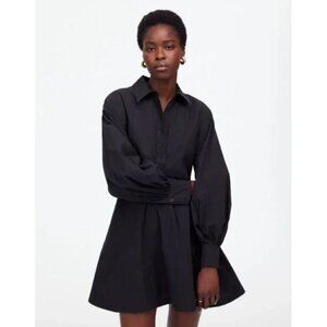 Madewell Dress 14 Black Seamed Long Sleeve Mini Poplin Shirtdress Pockets NV025